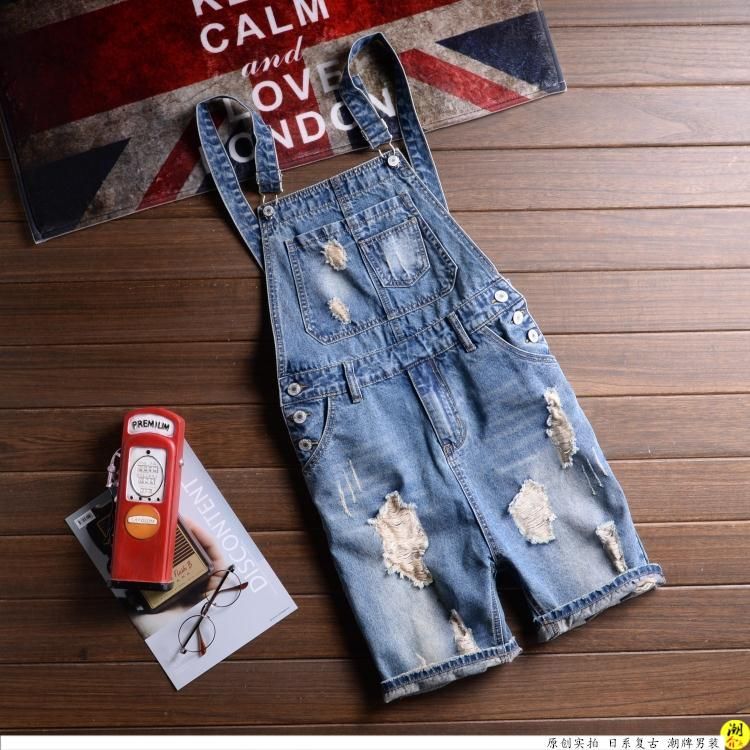 Male Denim Jumpsuit Short Blue Denim Overalls Men Distressed Ripped Shorts Suspender jean shorts Bermuda Masculina 031501