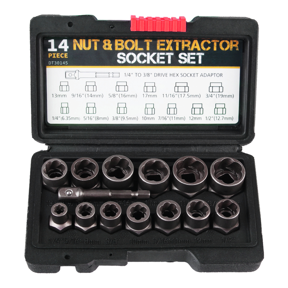 Bolt Nut Remover Socket Set Damaged Screw Extractor 14pcs Cr-Mo Steel Hand Tools 6.35mm-19mm Car Tool Kit: Brown