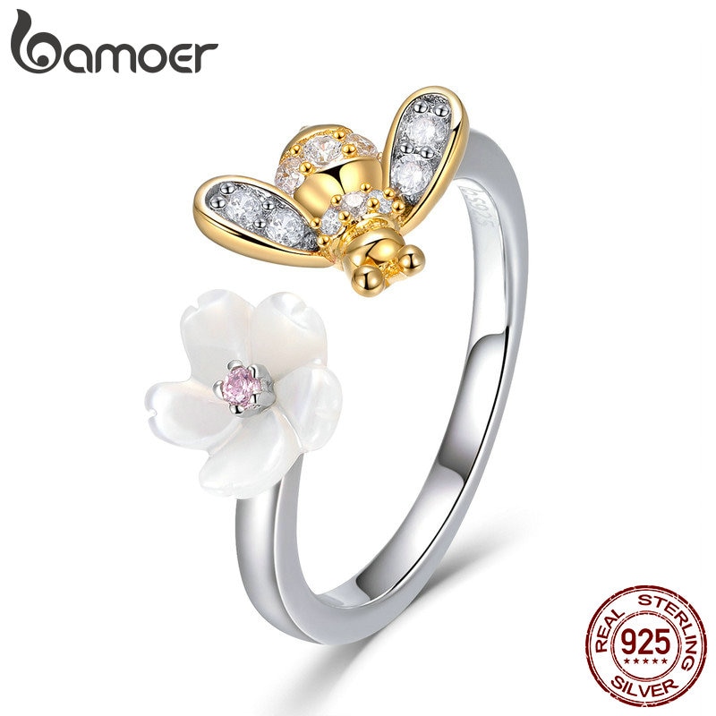 Bamoer 100% 925 Sterling Zilver Verstelbare Bee En Honing Bloem Zoete Wens Vinger Ringen Voor Vrouwen Party Zilveren Sieraden BSR013