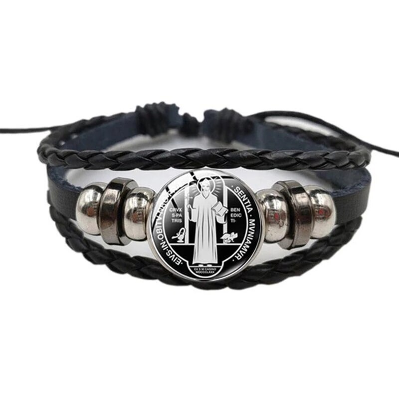 Katholieke Benedictus Exorcism Lederen Armband Nursia Benedictus Christian Patroon Glas Gesp Armband: 6