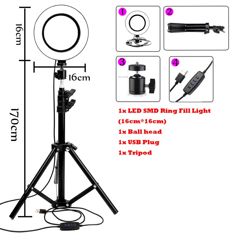 Dimmable LED Ring Light Selfie Ring Lamp Photographic Lighting with Tripod Moblie Phone Clamp Beauty fill light: Red