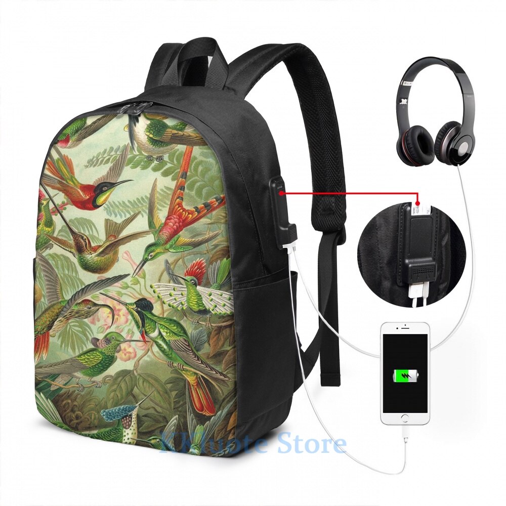 Zabawny wydruk graficzny Colibri - Ernst Haeckel plecak z ładowarką USB mężczyźni torby szkolne kobiety torba podróżna torba na laptopa: USB Backpack 17 in