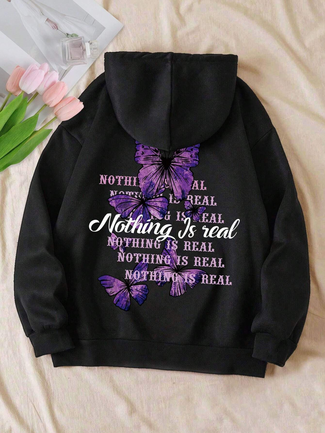 Sweat à capuche imprimé phrase papillon pour femme, sweats à capuche respirants sourire, sweat à capuche et confortable, poche décontractée, proximité wstring Y-Female: XXL / Black