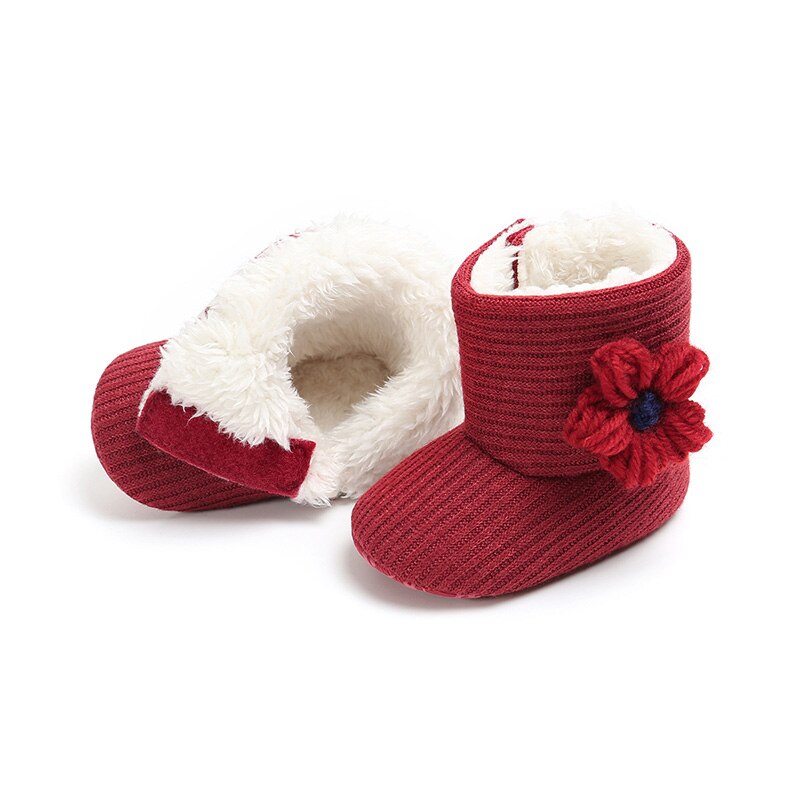 Vinter advare tyk plys baby pige støvler sød ensfarvet blomst bomuld prinsesse baby støvler vinter strikke baby sko: Rød / 7-12 måneder