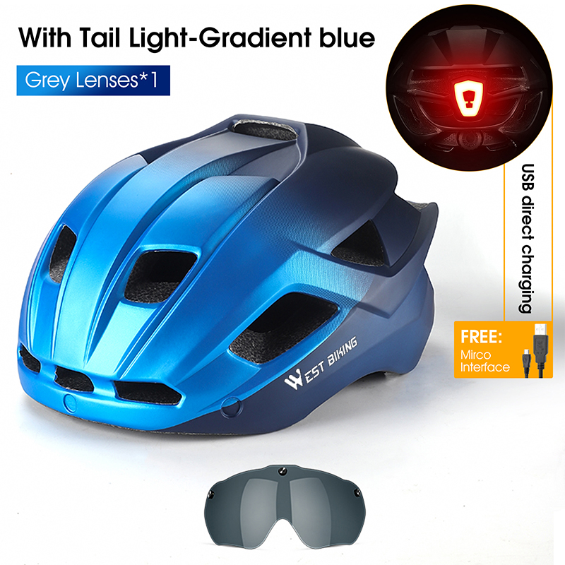 WEST BIKING-casco de ciclismo para hombre y mujer, gafas con luz trasera, visera para el sol, casco para bicicleta de montaña y carretera, gorra segura para motocicleta: Gris
