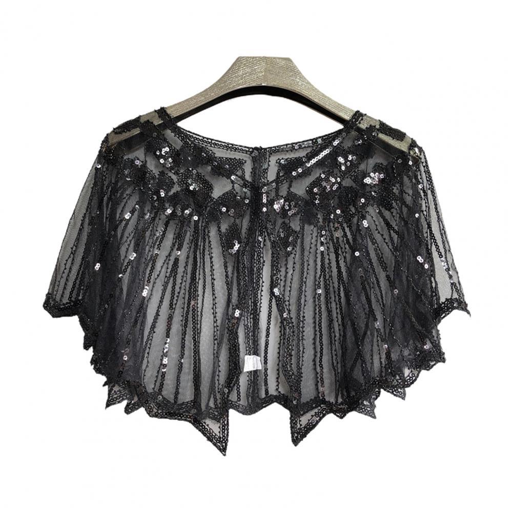 Scalloped High Beaded Sequin Short Top Women Cape See-through Women Shawl Decorative Women Accessories: Black