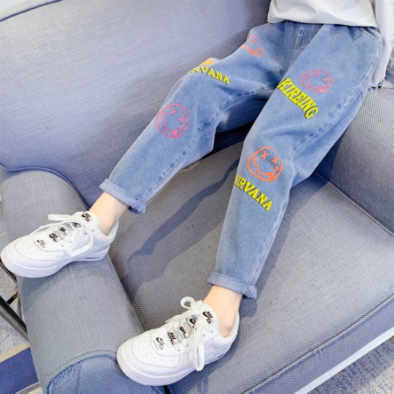Pantalones vaqueros con Graffiti y nubes para niña, pantalón holgado, con personalidad, para estudiantes