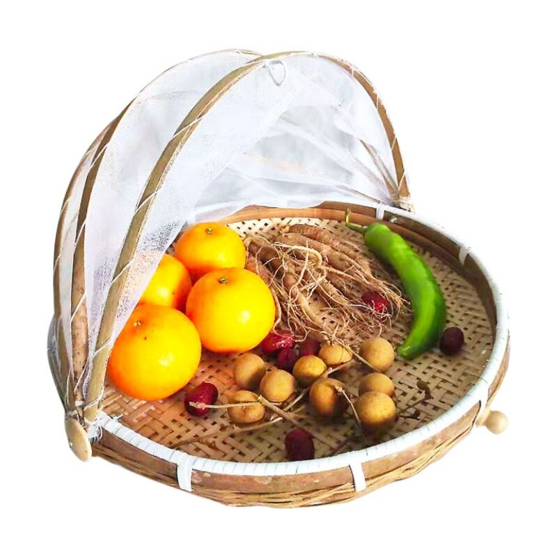 Hand-Woven Rectangular Bamboo Food Serving Tent Storage Basket Tray Mesh Storage Container With Gauze Cover Panier De Rangement