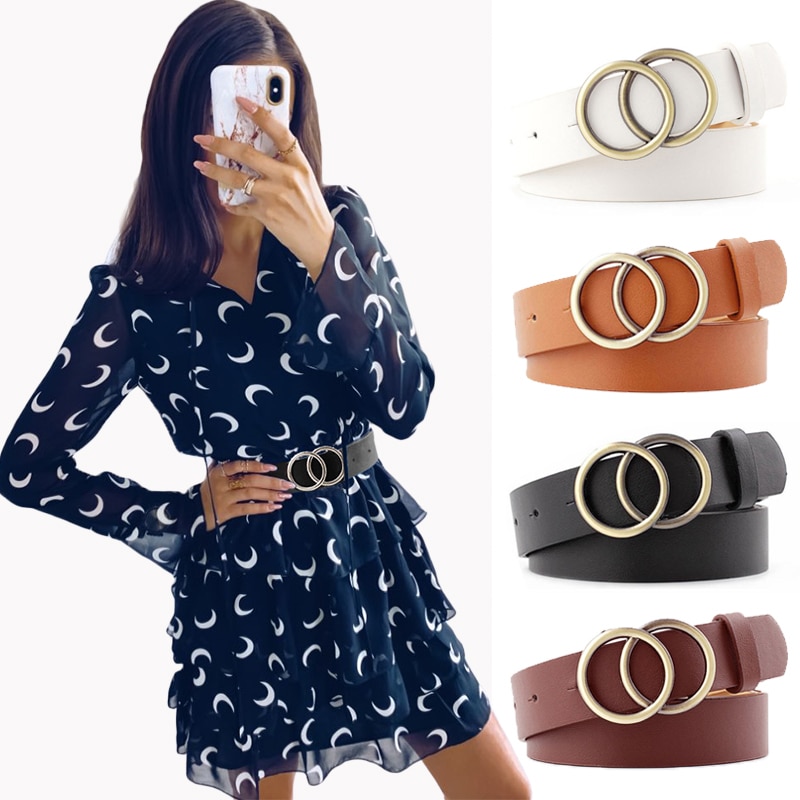 Riemen voor vrouwen dubbele ring riem pu leer metalen gesp taille riem dames casual jurk jeans wilde tailleband