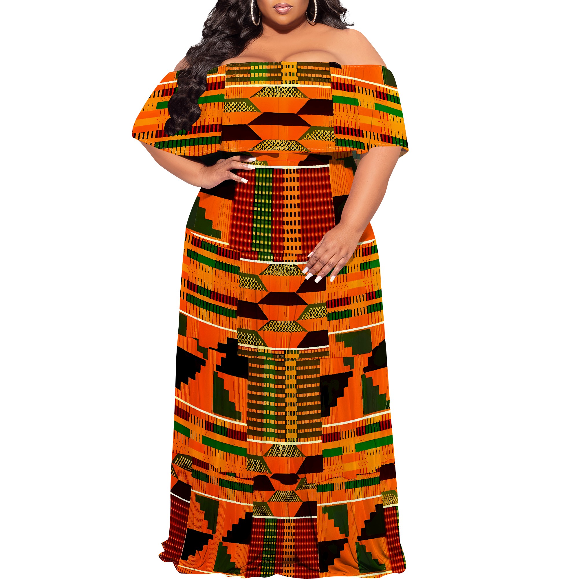Afrikansk print off-shoulder maxikjole - boho tribal festtøj til kvinder