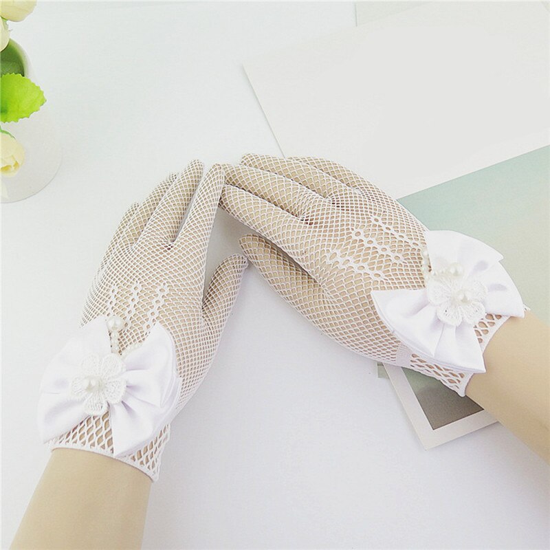 White Girls Wedding Gloves Mesh Bow Pearl Princess Party Supplies Children Birthday Ceremony Coronation Accessories Girls: Default Title