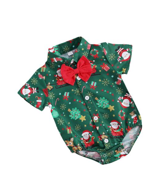 Newborn Baby Boys Christmas Bodysuits Short Sleeve Bow-tie Cartoon Pattern Bodysuits Boys Xmas Costume: Green / 18M