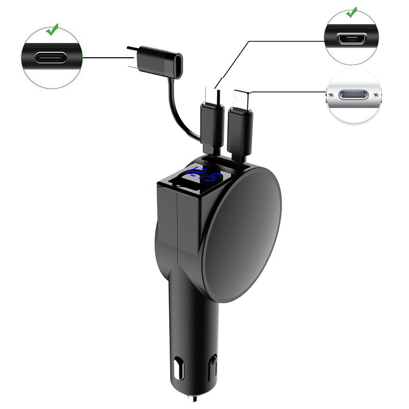 Uttrekkbar billader med dobbel ledning, multifunksjonell superhurtiglading, mobiltelefonladerkabel og 2 usb-bærer, billader: Svart