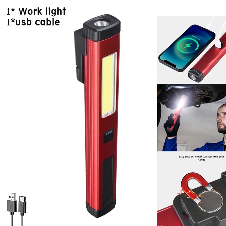Linterna LED recargable por USB con imán y gancho, resistente al agua con luz roja, Banco de energía, trabajo de reparación, linterna de emergencia
