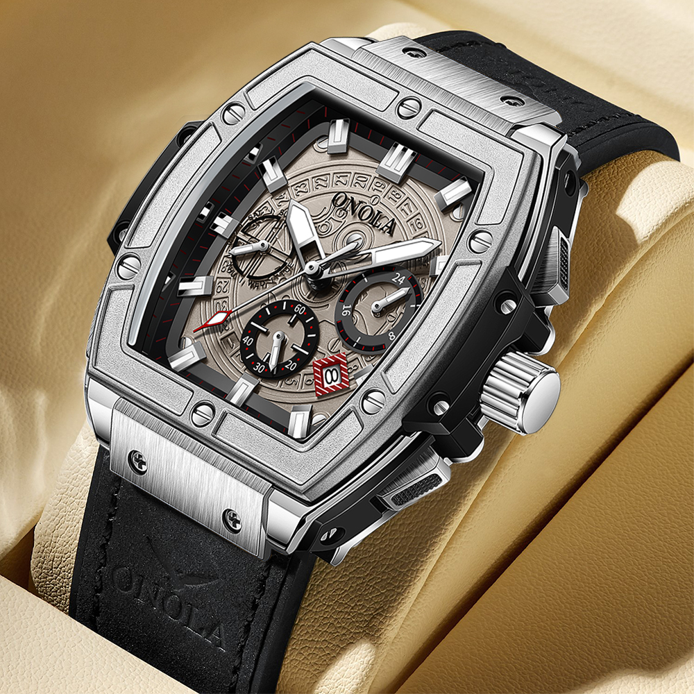 Relojes de lujo a la con clásico en forma de barril para hombre ONOLA, reloj de cuarzo de cuero informal resistente al agua multifuncional para hombre