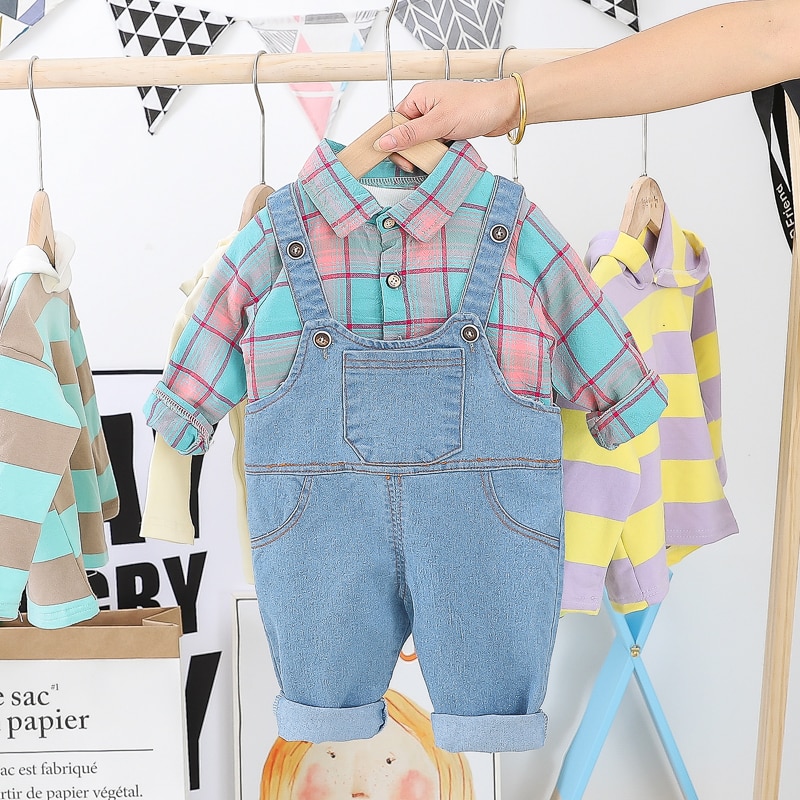 Hylkidhuose Peuter Baby Kleding Sets Lange Mouw Plaid Shirt Bib Jeans Casual Stijl Meisjes Baby Jongens Kleding: Roze / 3T