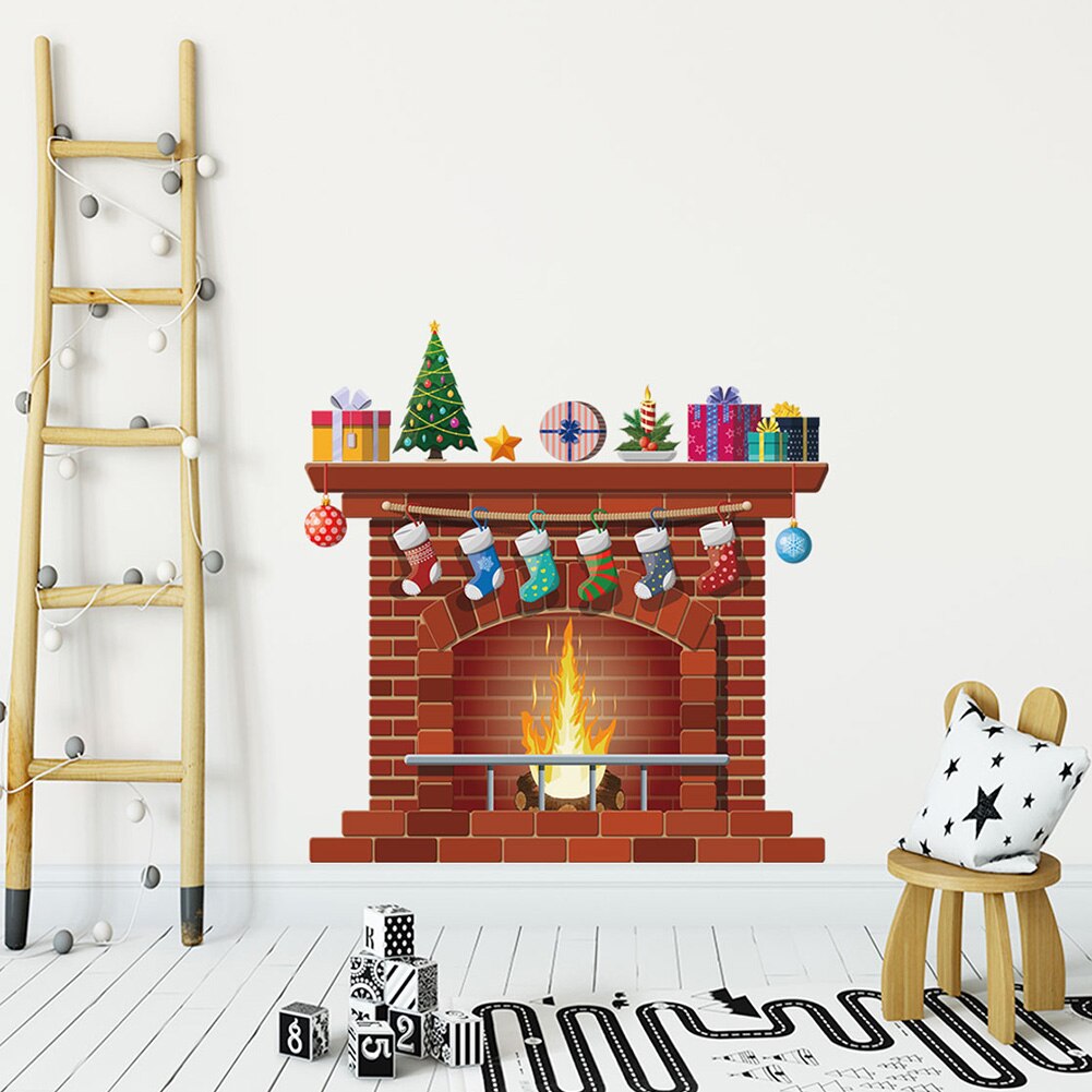 Christmas Socks Fireplace Wall Stickers Removable Window Glass Door Room Decal Self-adhesive PVC Year Home Decor