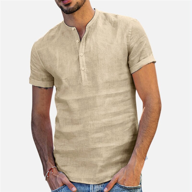 Camisas de lino de manga corta transpirables para hombre, camisas informales holgadas, camisas ajustadas de algodón sólido, Pullover, Tops, blusa: khaki / XL