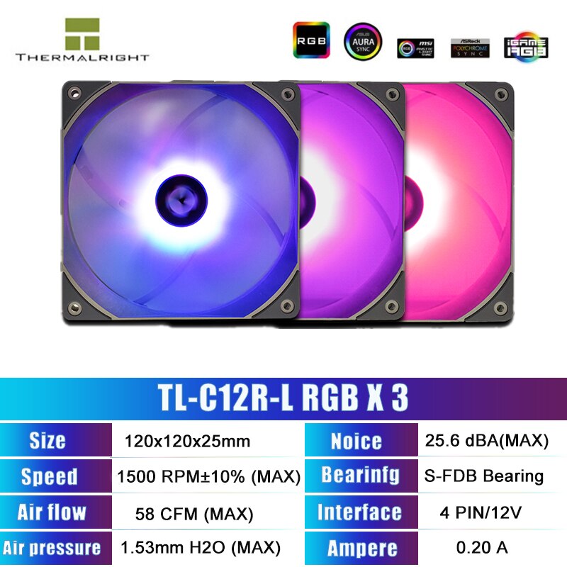 Thermalright 120mm Quiet PWM Fan CPU Cooler Radiator Cooling Fan Reverse Blowing 5V ARGB SYNC PC MOD Computer Case TL-C12RW-S: TL-C12R-L RGBX3