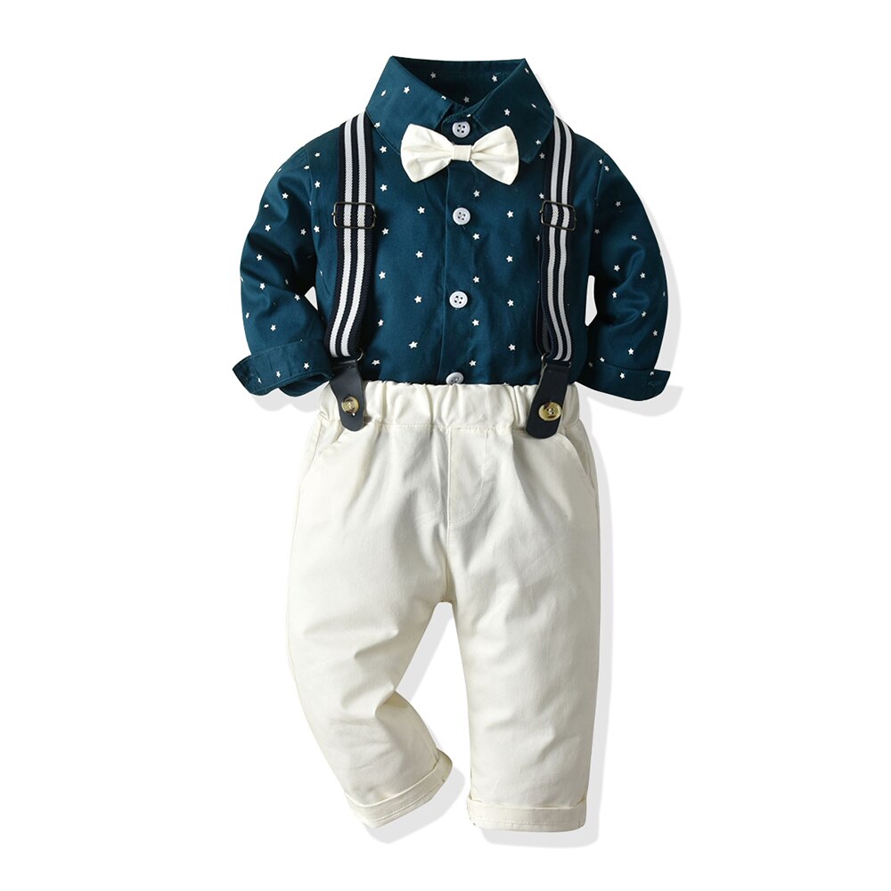 Top and top – ensemble de vêtements à carreaux pour garçons, chemise à manches longues + pantalon à bretelles, tenue décontractée pour enfants, 2 pièces: Bleu / 5T