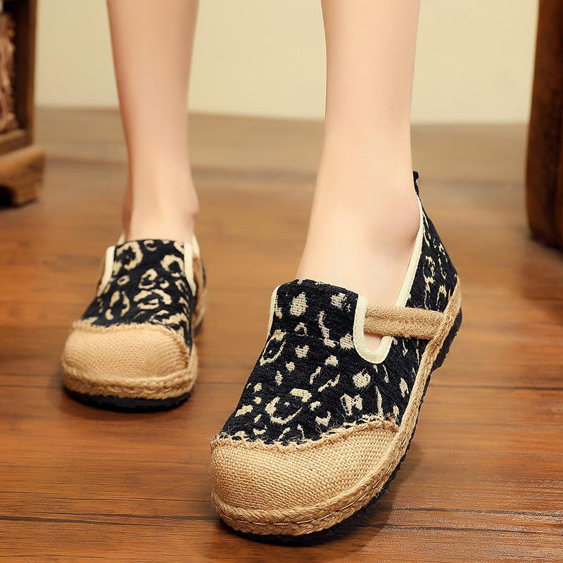 Johnature Lente/herfst Handgemaakte Retro Ronde Neus Luipaard Ondiepe Doek Slip Op Schoenen Voor Vrouwen Linnen Katoen schoenen Platte: Black / 4