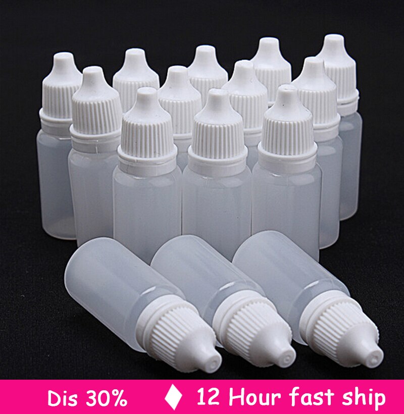10ml tomme dråpeflasker i plastbeholdere, egnet for løsemidler, lette oljer, maling, essens, øyedråper, saltvann