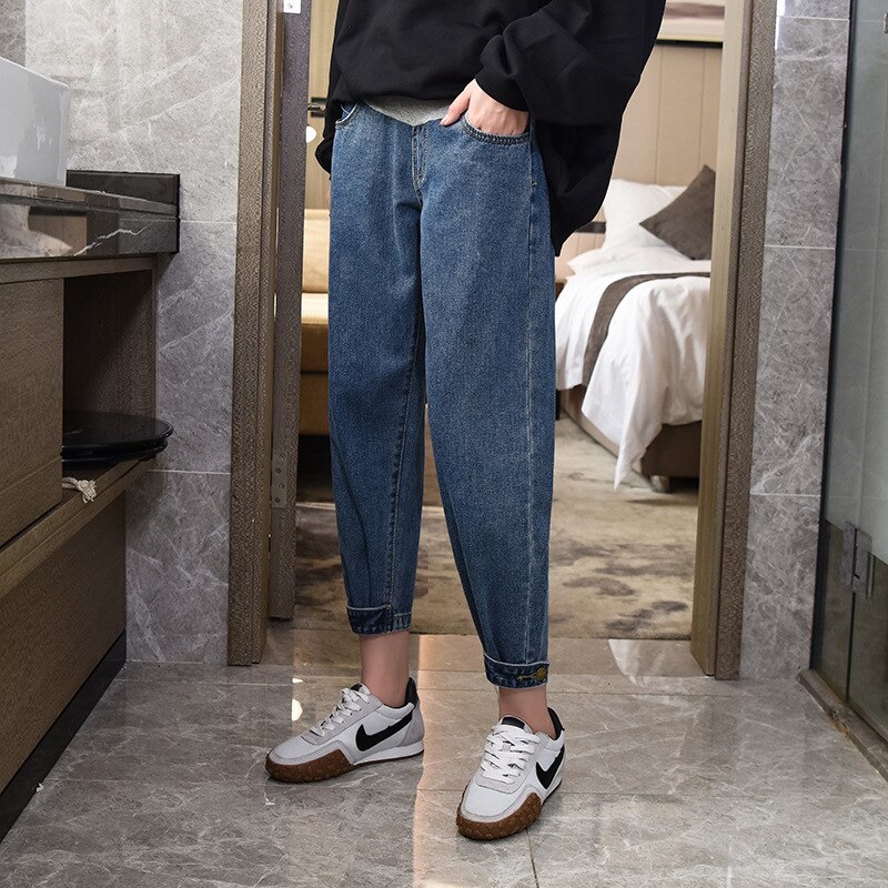 Plus Size 2XL Button Maternity Denim Pants For Pregnant Women Cotton Clothes Pregnancy Jeans Clothing Mother Straight Trousers: Blue / XL