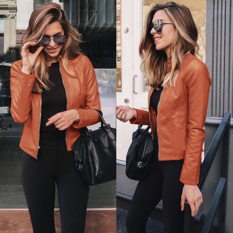 Chaqueta de piel sintética con cremallera para mujer, abrigo de piel de motociclista, abrigo corto ajustado para otoño e invierno, ropa de calle básica para mujer