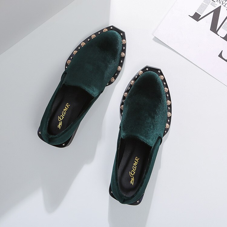 Märke metall rose nitar sammet skor kvinna svart/grön tjock klack pumps höst vinter med höga klackar mulor skor  c178