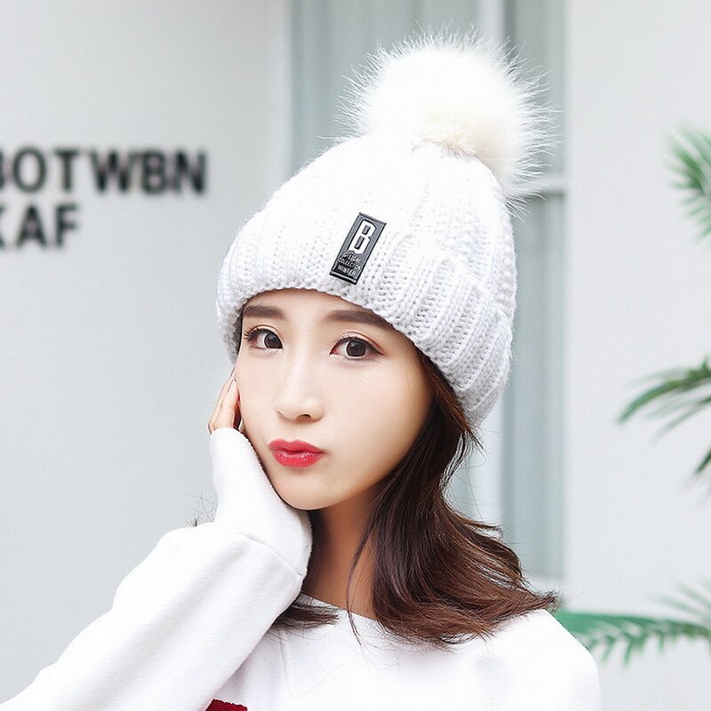 Vrouwen wollen gebreide muts skimuts sets voor vrouwen winddicht winter buiten gebreide warme dikke siamese sjaal kraag warme muts meisje: Wit