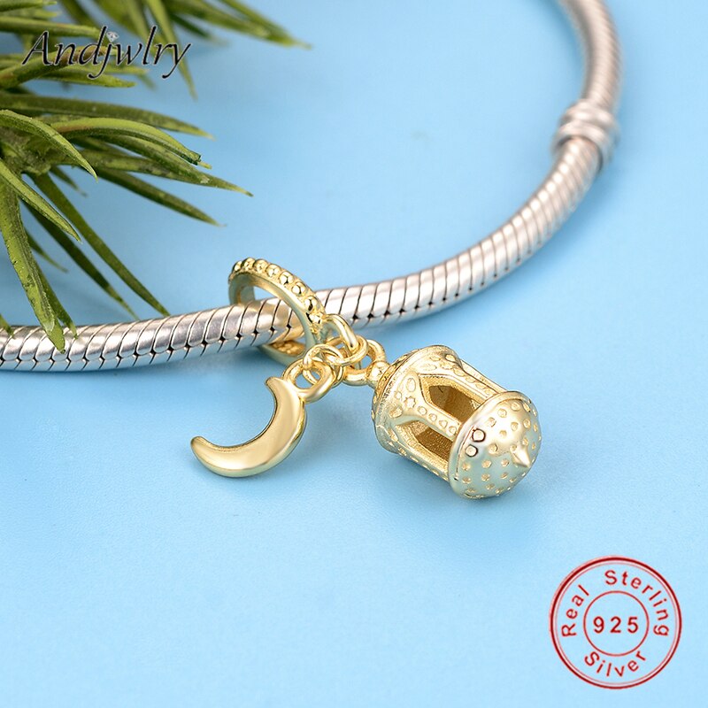 Fit Originele Charms Armband 925 Sterling Zilver Goud Lantaarn Maan Dangle Charm Hanger Diy Berloque