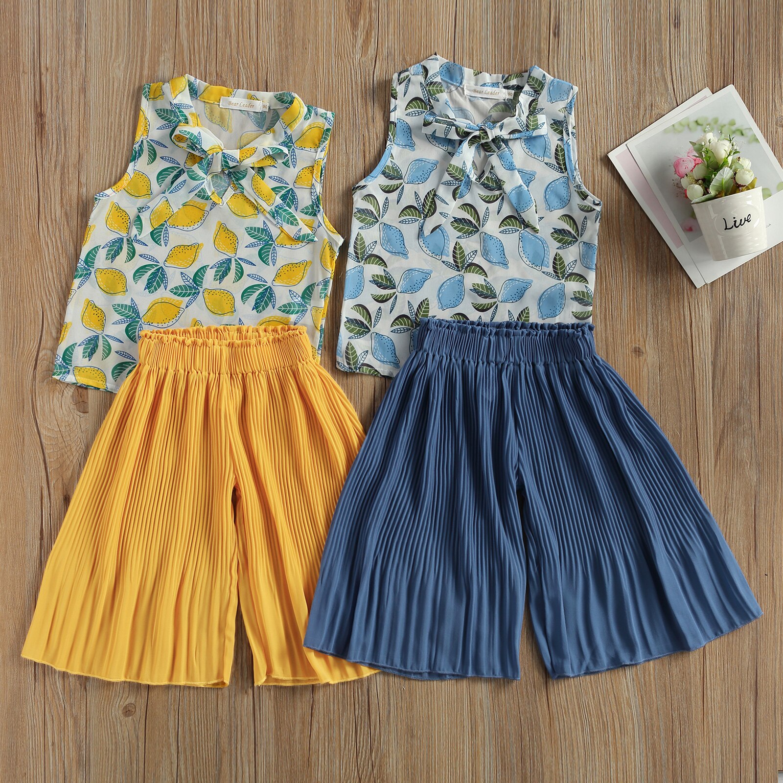 FOCUSNORM 3-7Y Summer Kids Girls Clothes Sets Flowers Print Bow Sleeveless Vest Tops Wide Leg Pants