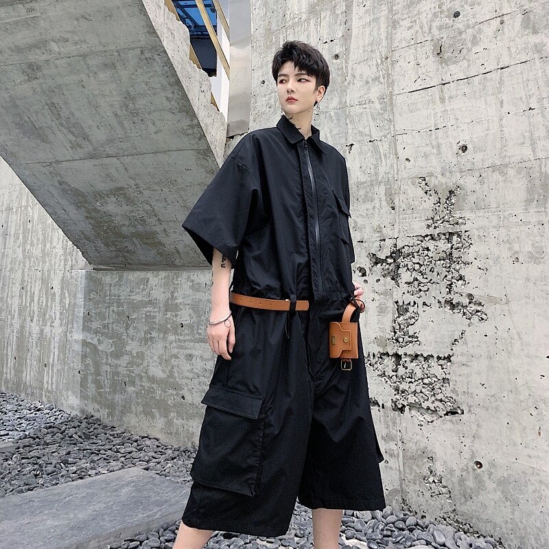 Mono de manga corta para hombre, holgado, informal, con cinturón incluido, Pantalón Cargo, ropa de calle para hombre, ropa de calle, monos de Hip Hop, pantalón harén