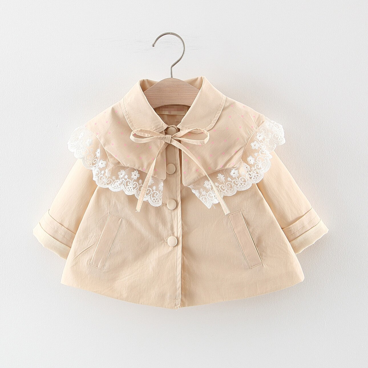 Herfst lente meisjes jassen peuter mode katoen kant lange mouw windjack voor baby meisje leuke pasgeboren baby outfits2Y: beige / 9m