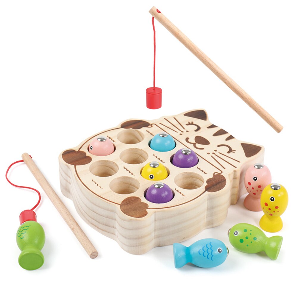 Wooden Pretend Cats Fishing Magnetic Board Game Interactive Children Toy