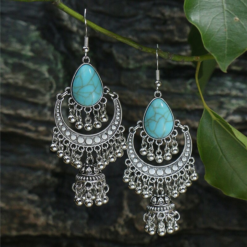 Vintage Bohemian Türkisen Verkrustete Ohrring für Frauen Kreative Silber Farbe Baum Blatt Vogel Glocken Geometrische Ohrringe Weiblichen Schmuck