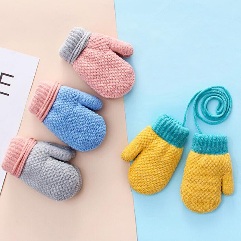 Children Mittens Winter Knitted Rope Gloves Solid color Full Finger Gloves Cartoon Children Toddler Kids Hanging Neck Gloves