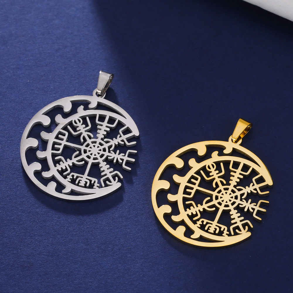 Dawapara Viking Compass Vegvisir Pendant Crescent Amulet Runes Circle Stainless Steel Charms for Jewelry Making Nordic