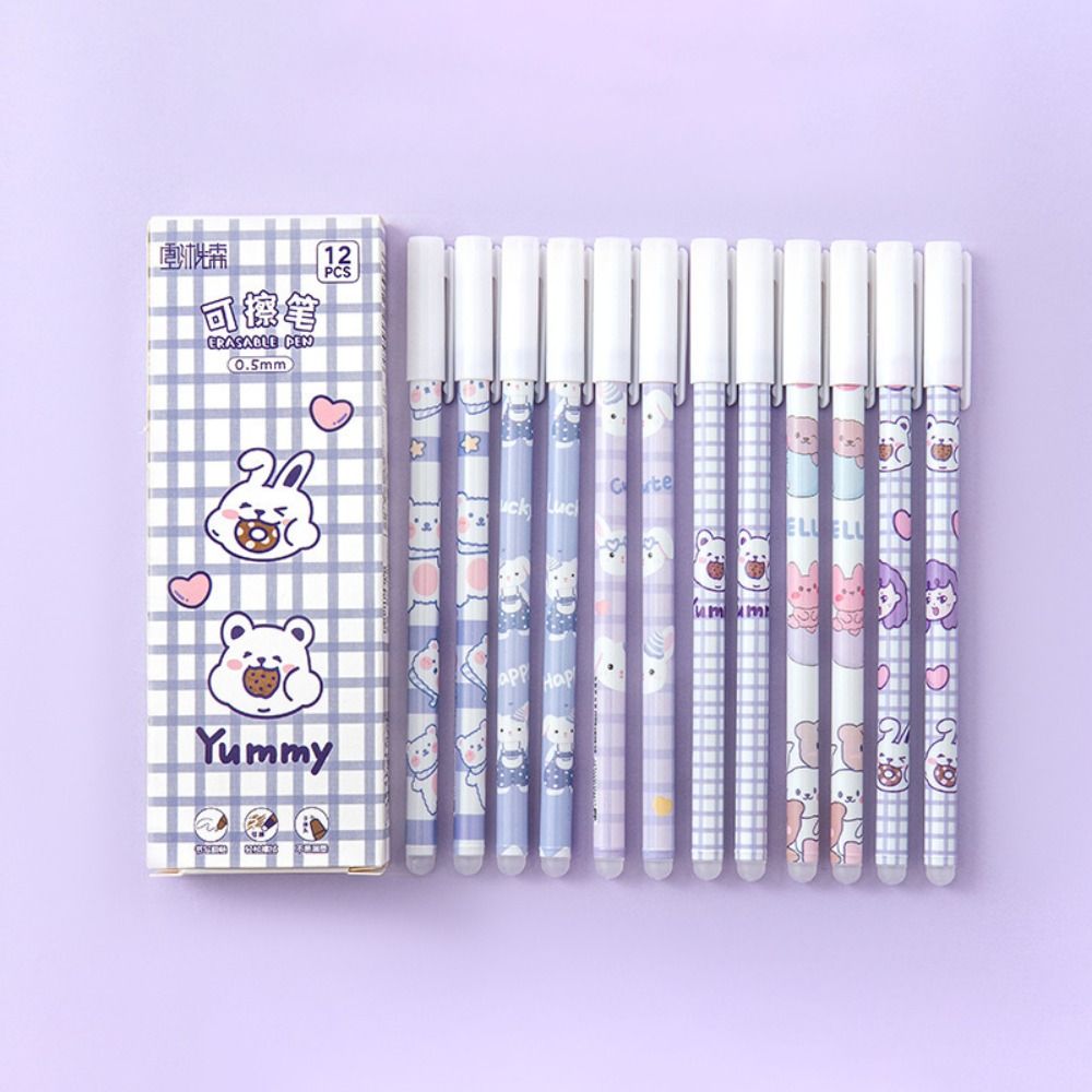 12PCS/Box 0.5mm Blue Ink Ballpoint Pen Bear Peach Astronaut Quick Drying Erasable Pen Gel Pens School Office Supplies: PURPLE