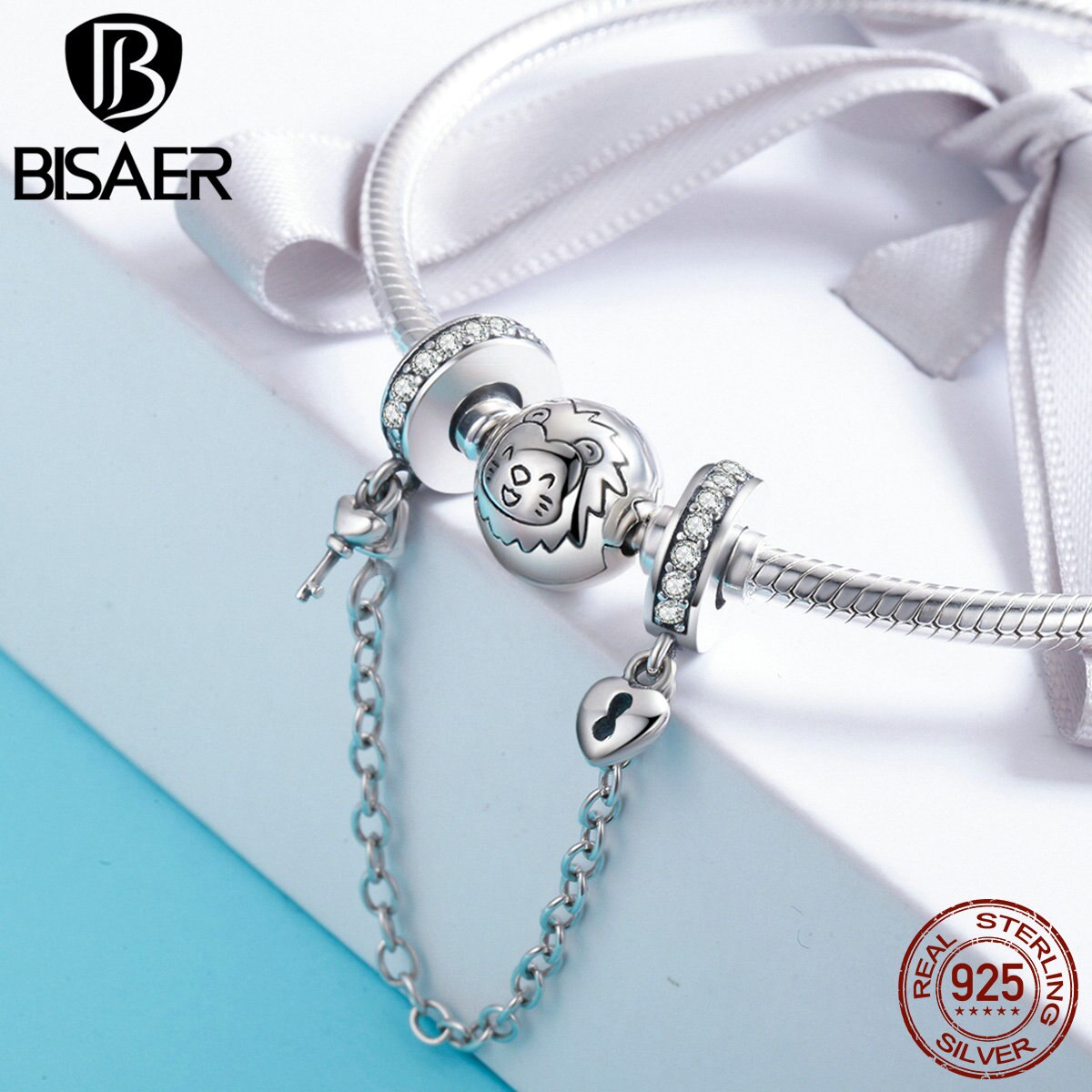 BISAER 925 Sterling Silver Key to Your Heart Dangle Safety Chain Stopper Fit Charm Silver 925 Bracelet Beads & Jewelry Making