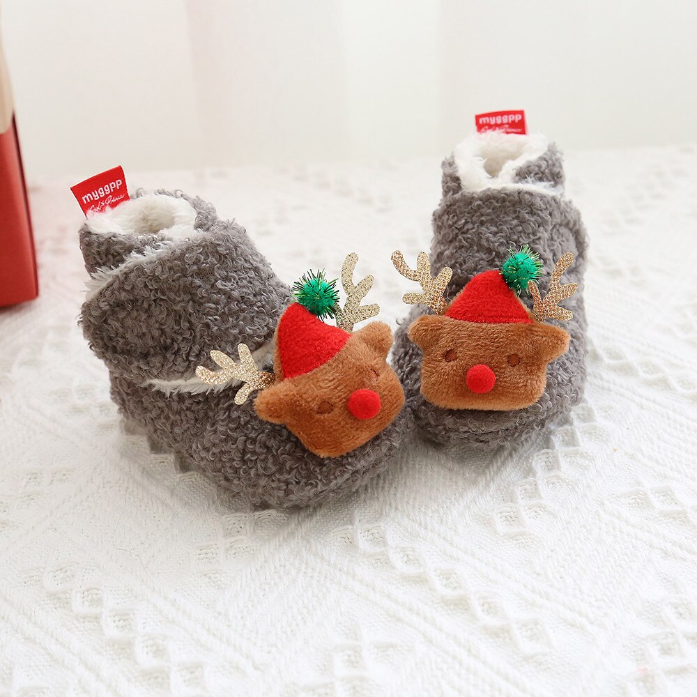 Merry Christmas Party Baby Girls Boys Booties Lovely Winter Warm Cartoon Pattern Fleece Slippers Anti-Slip Newborn Crib Shoes