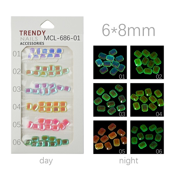 Mix 60pcs Fluorescerende Glas Nail Rhinestones Set Lichtgevende Plaksteen Diamant Vierkante Kristallen Glow In The Dark Gems Art Decoraties: MCL-686-01