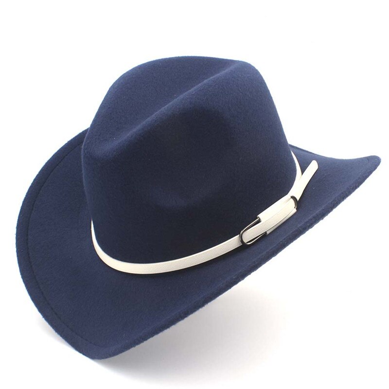retro kvinner menn ull vestlig cowboyhatt rull-opp avlet kant filt cowgirl jazz gudfar sombrero lokk med hvitt belte størrelse 56-58cm: Mørke blå