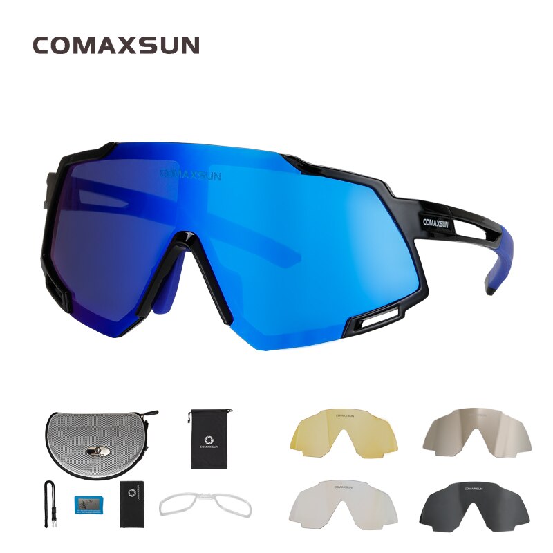 COMAXSUN Polarized 5 Len Cycling Glasses MTB Road Bike Sport Mirror Sunglasses Bike Eyewear UV400 Bicycle Goggles: Black Blue