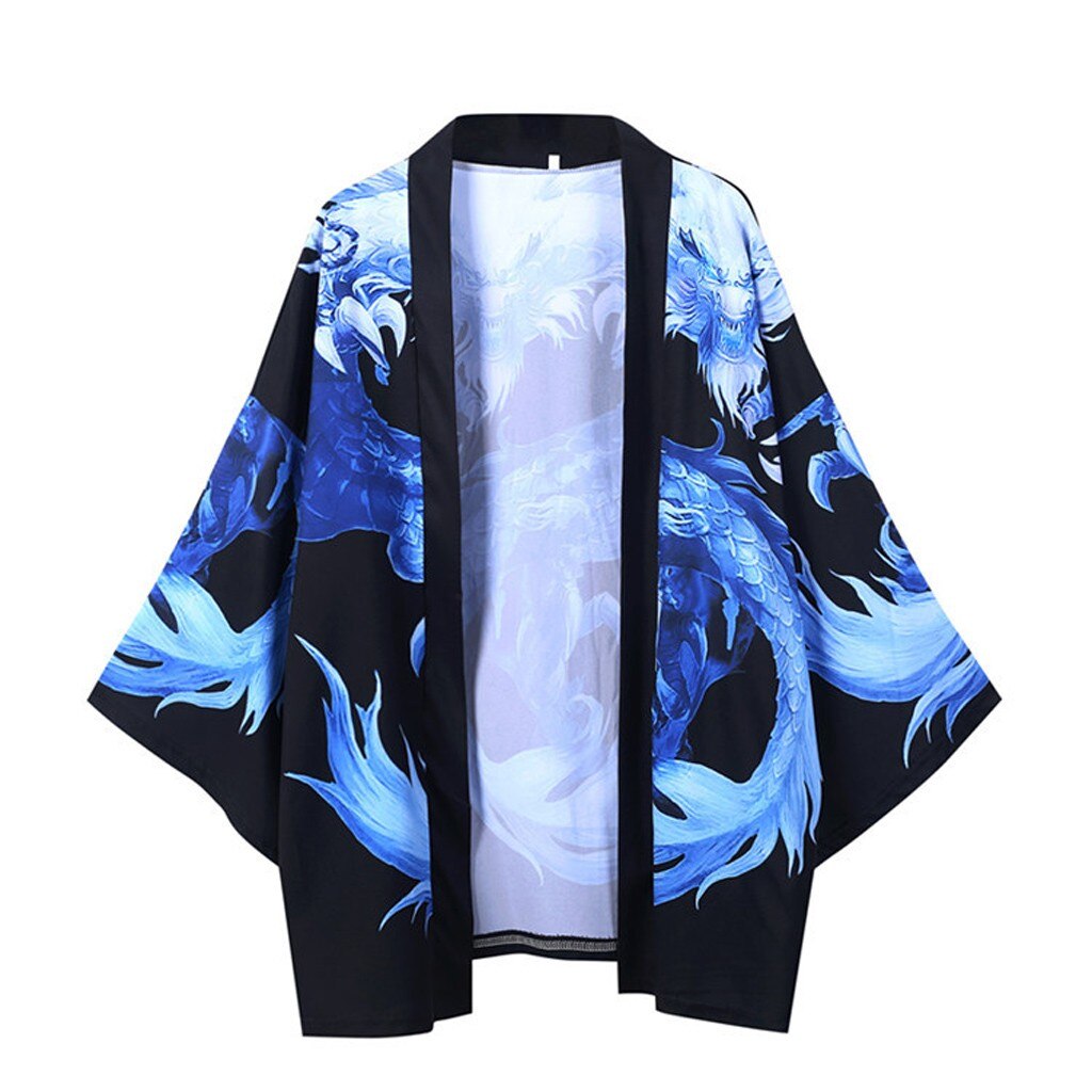 Water Dragon Printed Kimono Cardigan Men Summer Haori Samurai Kimonos Karate Streetwear Shirt Kimono Mens Haori Yukata#19: XL