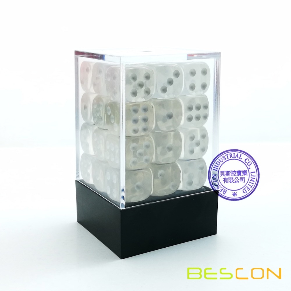 Bescon 12mm 6 Sided Dice 36 in Brick Box, 12mm Six Sided Die (36) Block of Dice, Translucent White with Pips