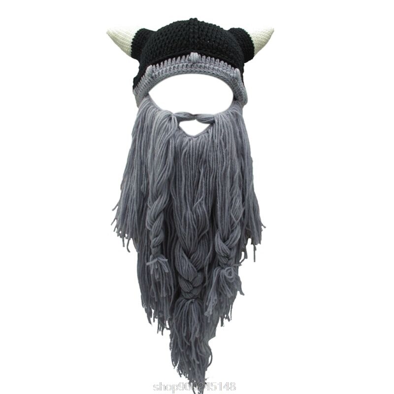 Vuxen cosplay stickad vikinga skägg horn hatt skidmask barbar vagabond vintage mössa vintervärmare  n12 20: A
