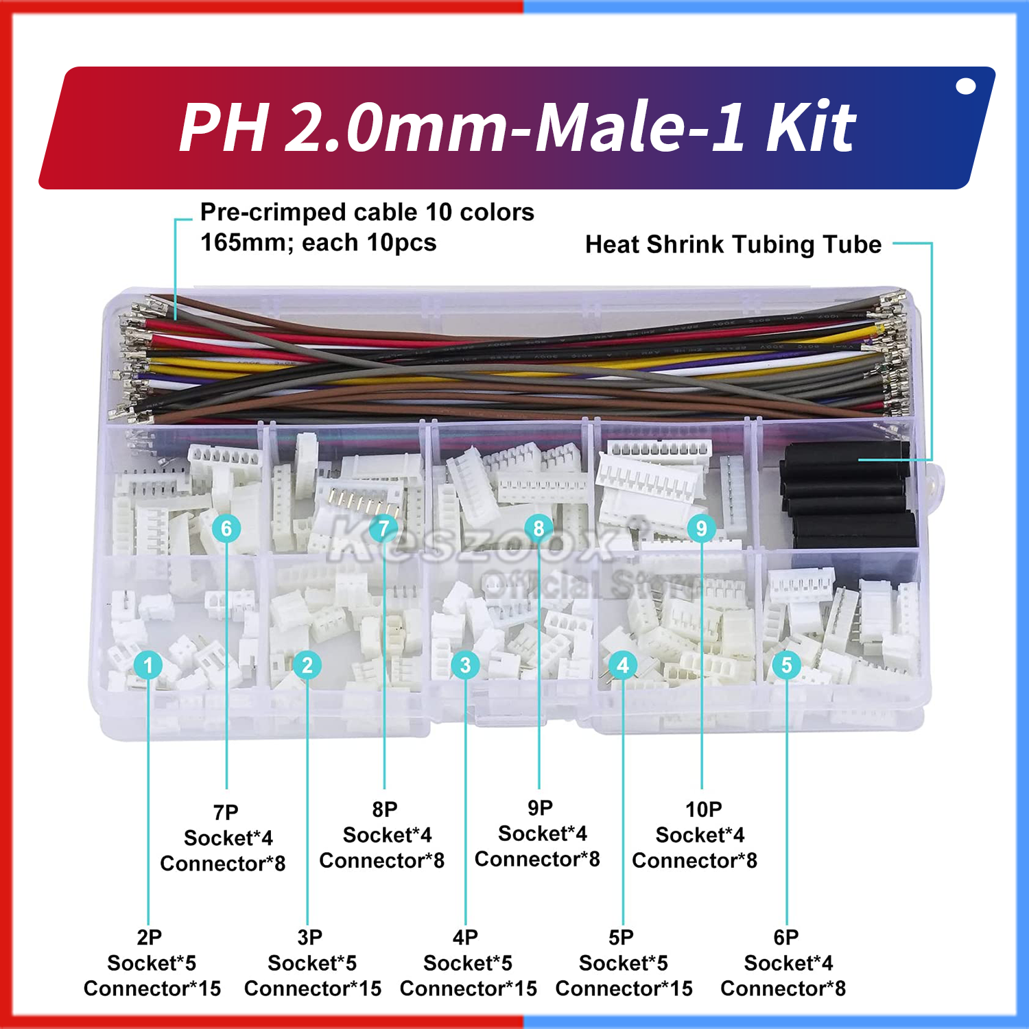 Keszoox jst 1.0/1.25/1.5/2.0/2.5mm- pitch stiksæt jst sh gh zh ph  xh 2-6 -benet hus med prækrympede 22-28 awg-kabler: Multi