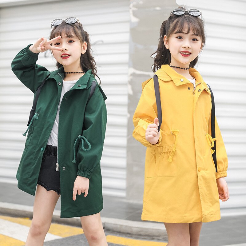 Autumn girls trench coat for kids clothes children clothing hooded solid outerwear girls clothes windbreaker 4-15Y