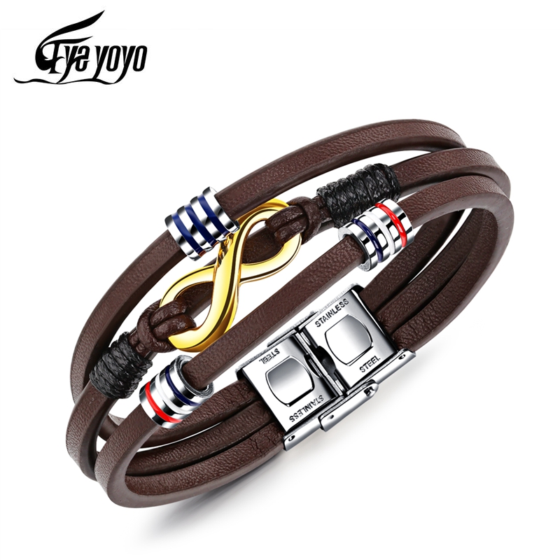 Eyeyoyo 210 Mm Vintage Bruin Titanium Staal Mannen Multi-layer Leren Armband Lederen Armband